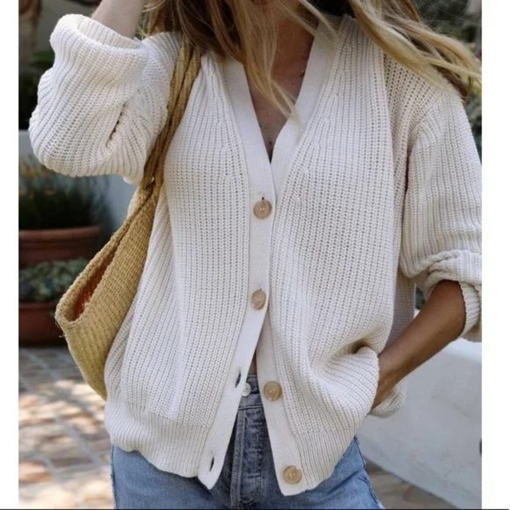 Jenni Kayne Cocoon Cardigan‎ Cream Organic Cotton Ribbed Knit Sweater Size Small